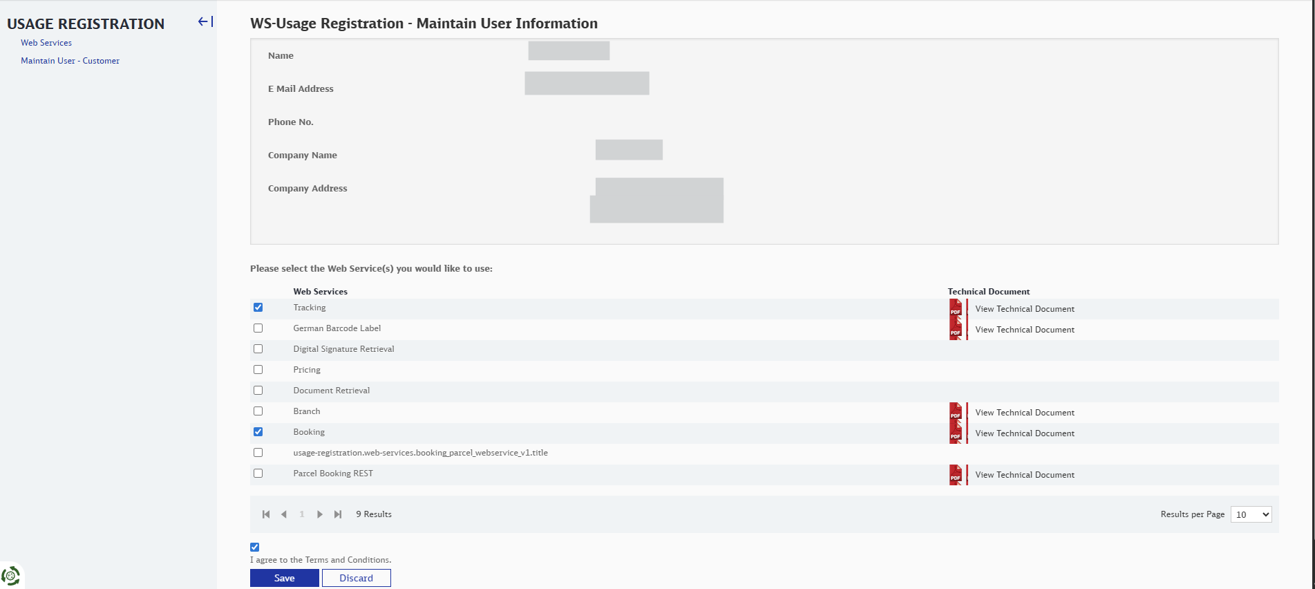 Web Services selection, Terms and Conditions, and Save button