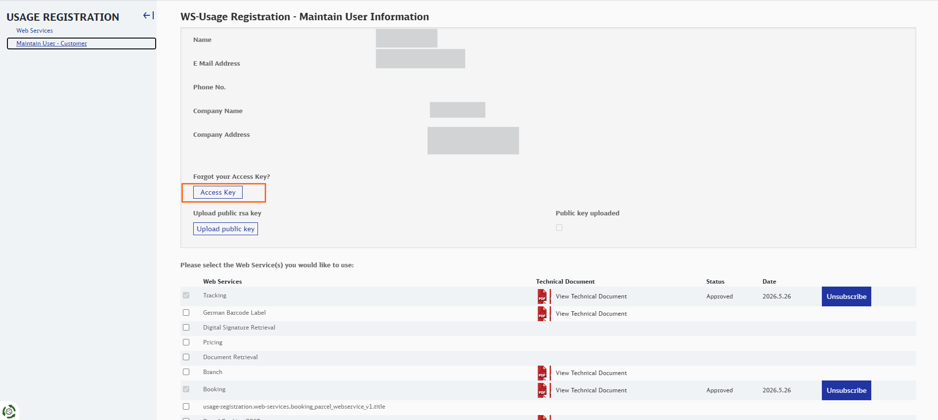 Access Key button and generated API access key in Usage Registration