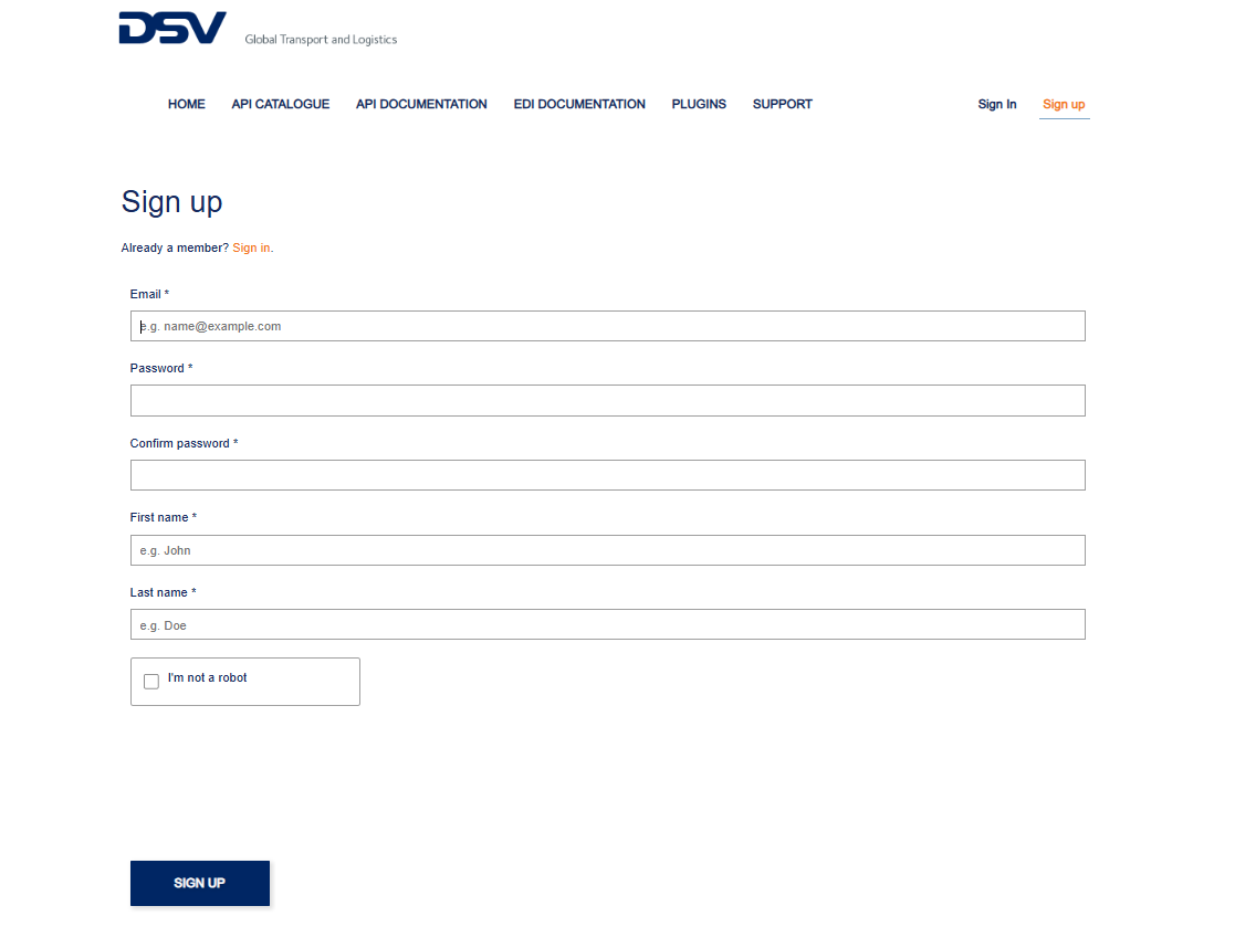 DSV Developer Portal sign up page